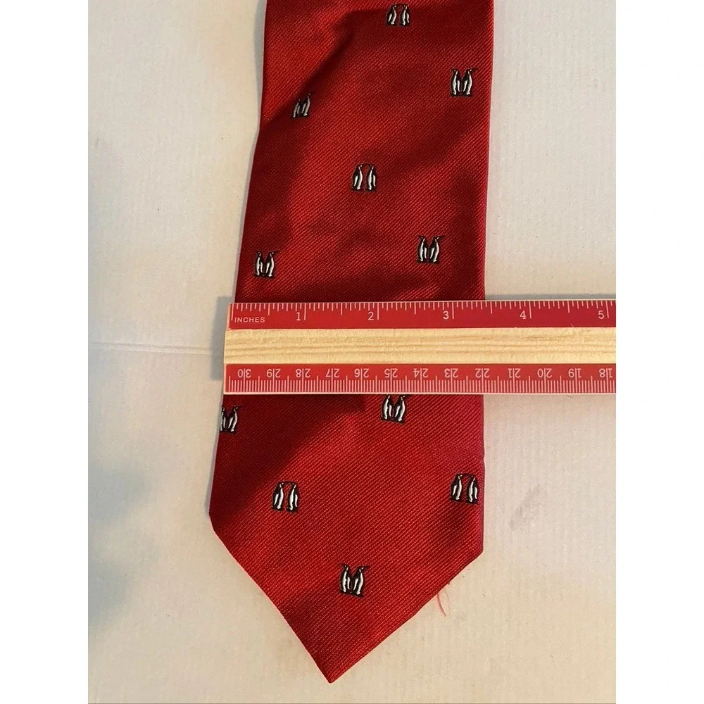 Banana Republic Mens Red Silk Necktie Penguin Animal Print Embroidered Turkey